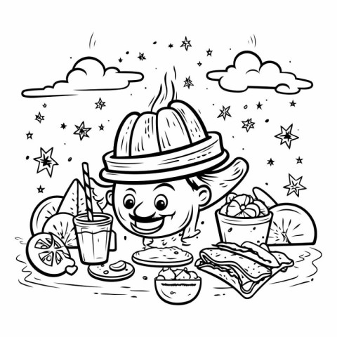 Cute cartoon boy eating pizza for coloring book.