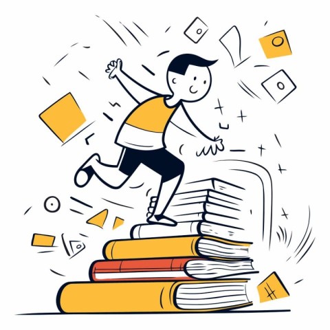 Vector illustration of a man running on a pile of books. Doodle