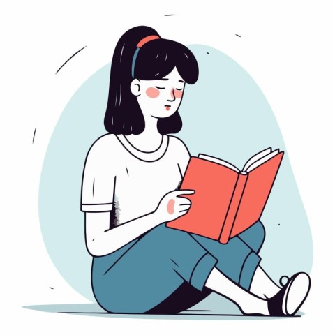 Young woman reading a book in flat cartoon style.