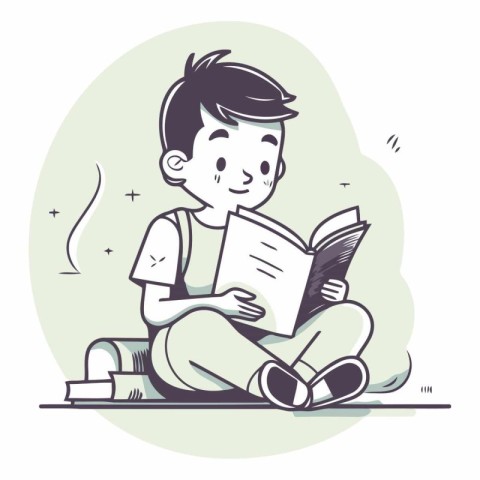 Boy reading a book in cartoon style on white background.