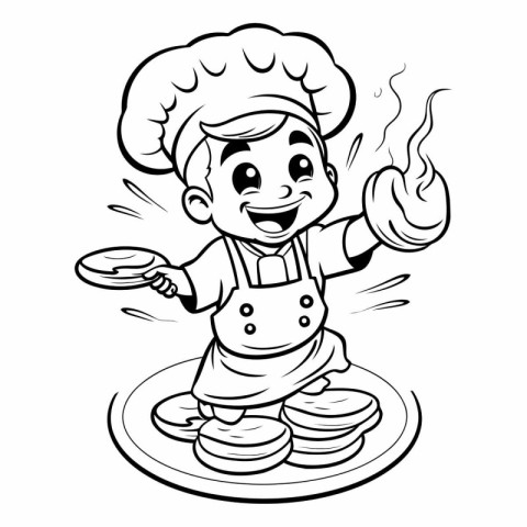 Black and White Cartoon Illustration of Little Boy Chef with Sta