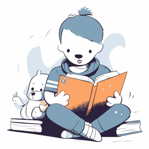 Boy reading a book with his dog in the background.