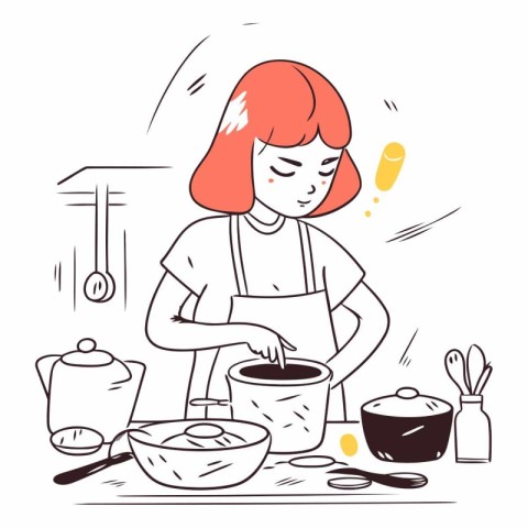 Girl cooking in the kitchen in line art style.