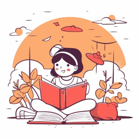 Girl reading a book in the autumn park in a flat style.