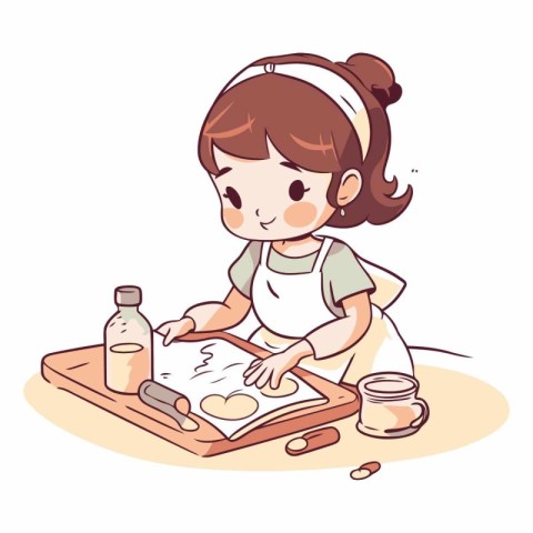 Illustration of a Cute Little Girl Rolling the Dough on a Cuttin