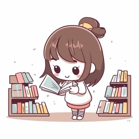 girl reading a book in the library of a cute cartoon girl.