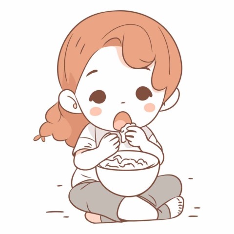 Illustration of a Cute Girl Eating a Bowl of Flour