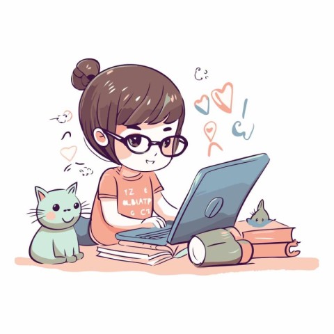 Cute girl with laptop and cat on the floor.