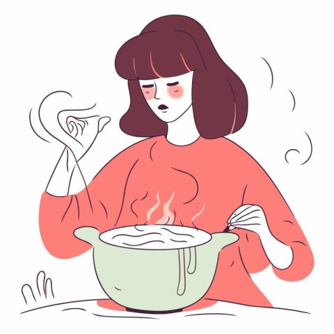 Girl in a red sweater cooking soup in a pot.