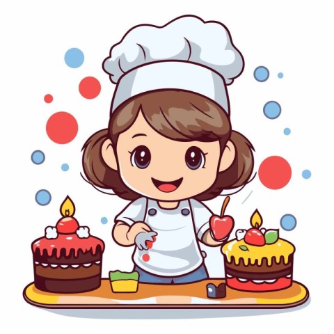 Cute little chef girl with cake and candle cartoon vector illust