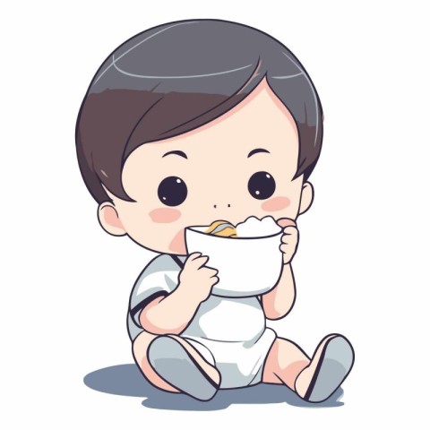 Cute little baby boy eating a bowl of potato chips.