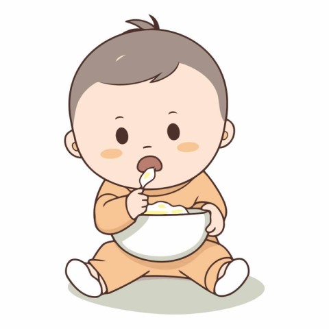 Baby boy eating cornflakes isolated on white background.