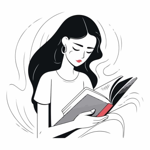 Illustration of a girl reading a book on a white background.