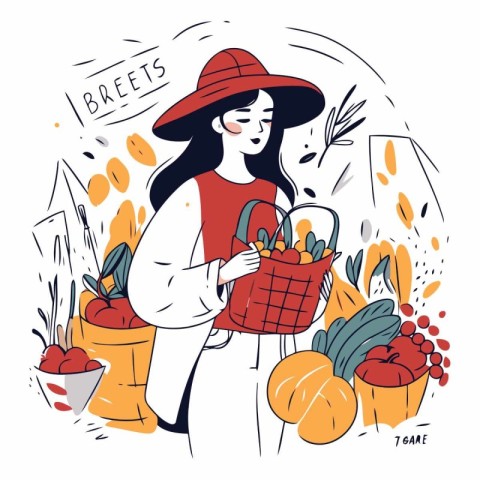 Vector illustration of a woman with a basket of fruits and veget