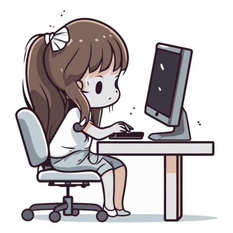 Girl working at the computer on a white background.