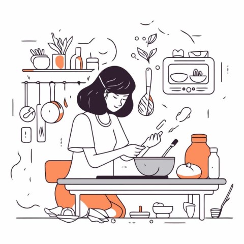 Woman cooking in the kitchen in line art style.