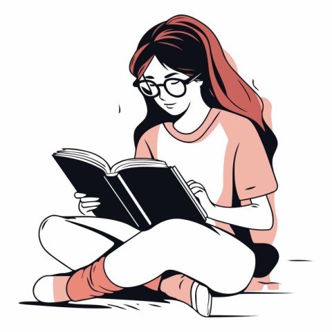 Girl reading a book sitting on the floor in sketch style.