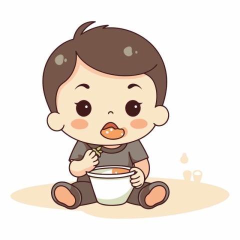 Illustration of a Cute Baby Boy Eating Food from a Bowl