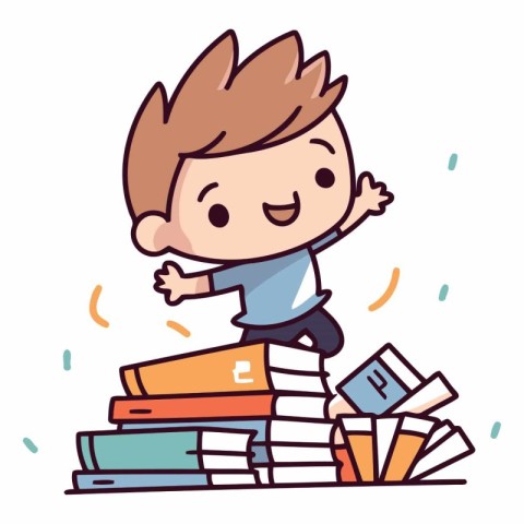 Happy little boy standing on pile of books. vector cartoon illus