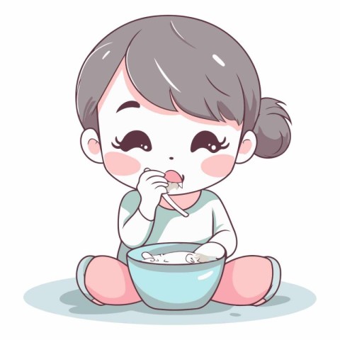 Illustration of a Cute Little Girl Eating a Bowl of Rice