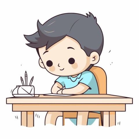 Illustration of a Cute Boy Sitting at the Table and Writing Lett