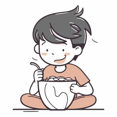 Boy eating cereal in bowl. Cute cartoon character.