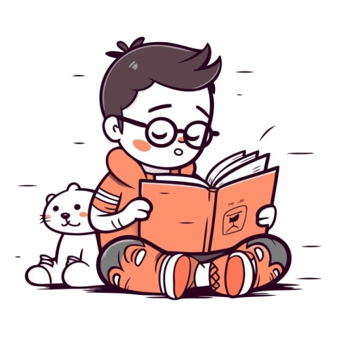 Boy reading a book and cat sitting beside him.