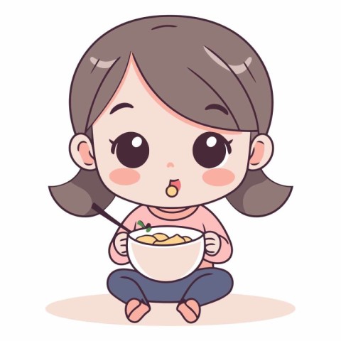 Illustration of a Cute Girl Eating a Bowl of Cereals