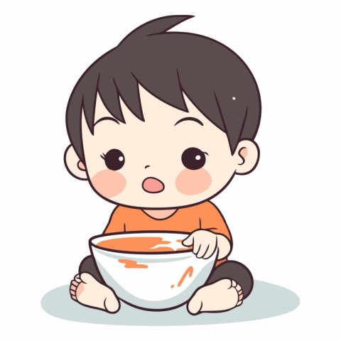 Cute little boy eating a bowl of soup.