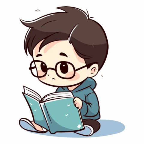 Cute boy reading a book on white background.