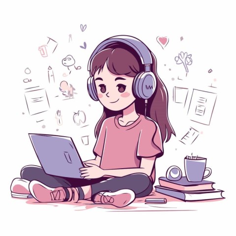 Cute little girl sitting on floor with laptop and listening to m