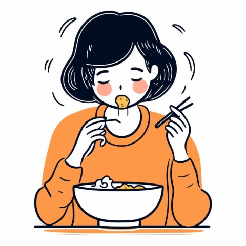 Illustration of a woman eating a bowl of noodle with chopsticks