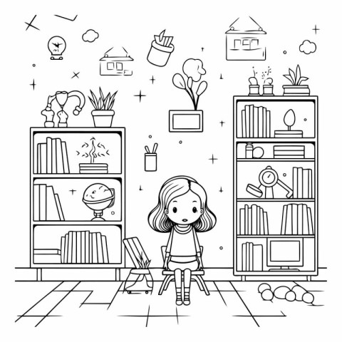 Girl in the library. Coloring book for children