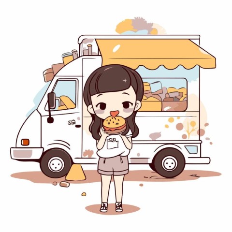 Illustration of a Cute Little Girl Eating a Burger in a Fast Foo