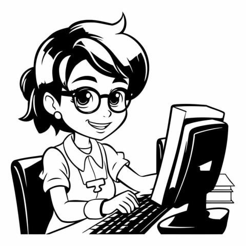 Vector illustration of a girl with glasses working on a computer