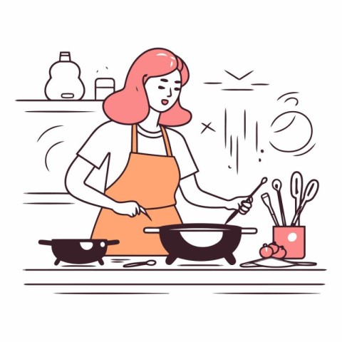 Woman cooking in the kitchen in thin line style.