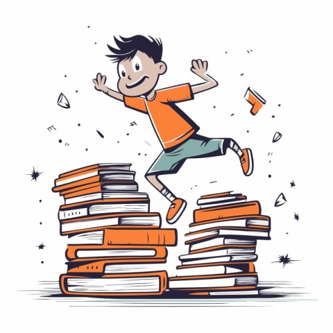 Boy jumping over pile of books. Vector hand drawn cartoon illust