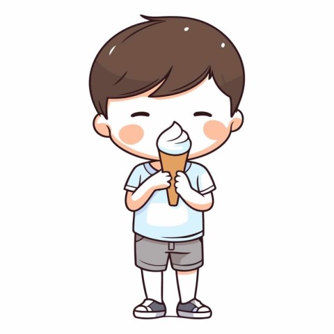 Cute boy eating ice cream on white background.