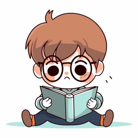 Cute boy reading a book in cartoon style.