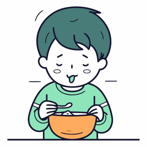 Illustration of a Little Boy Eating a Bowl of Healthy Food.