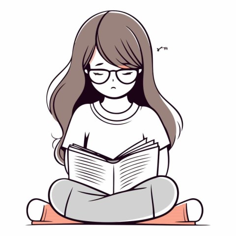 Illustration of a girl reading a book on a white background.