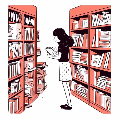 Vector illustration of a woman reading a book in a book store.