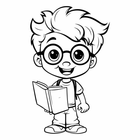 Boy with glasses reading a book - Black and White Cartoon Illust