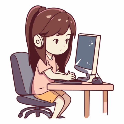 Illustration of a Teenage Girl Using a Desktop Computer While Si