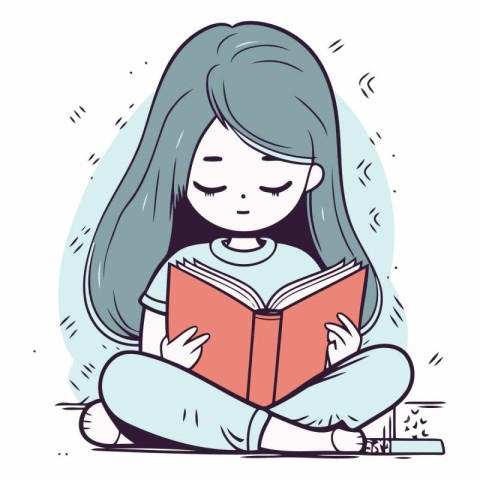 Cute little girl reading a book in cartoon style.