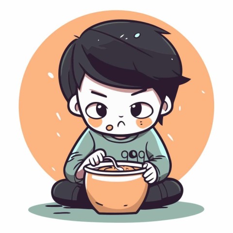 Cute boy eating soup in a flat style.