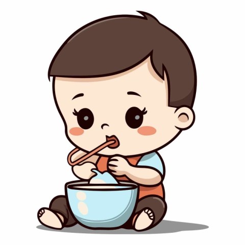 Cute little boy eating with spoon and bowl.