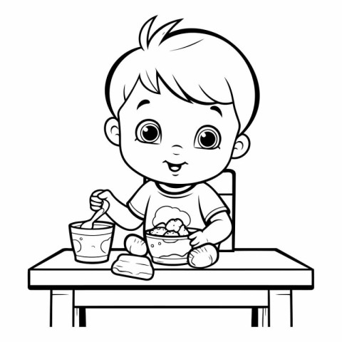 Cute little boy eating cereal for coloring book.