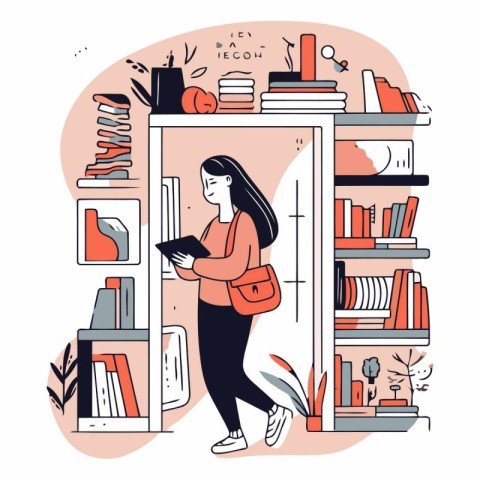 Woman standing near bookshelf and reading book. Flat vector illu