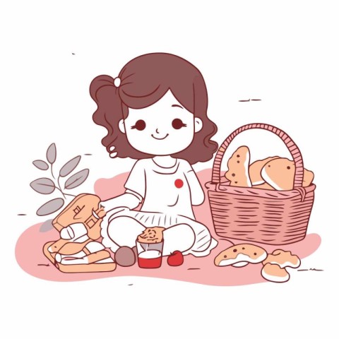 Cute little girl with a basket of bread.